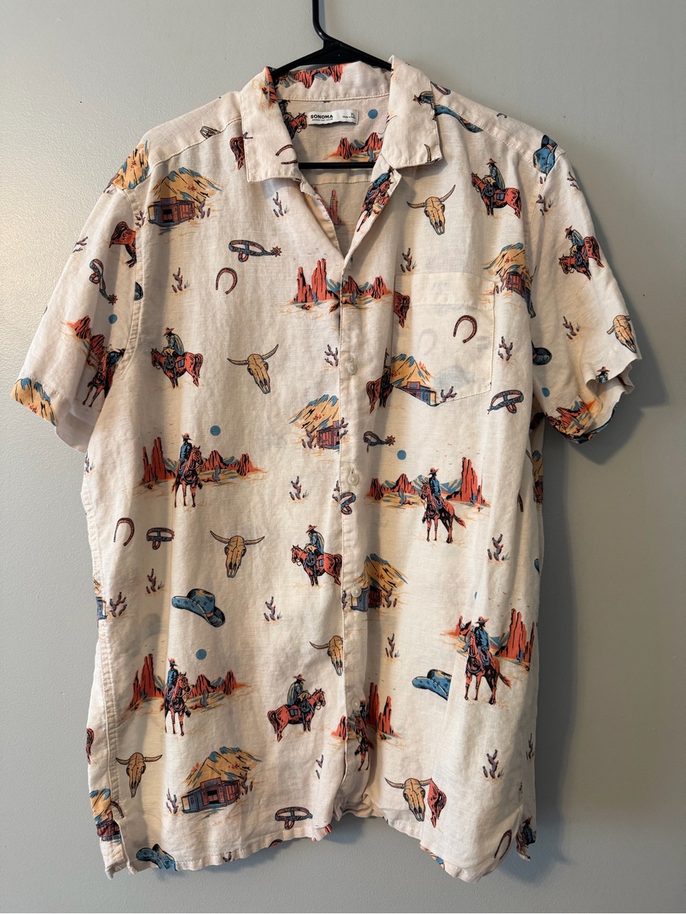 Sonoma Cream Western Print Short-Sleeve Button-Down Shirt